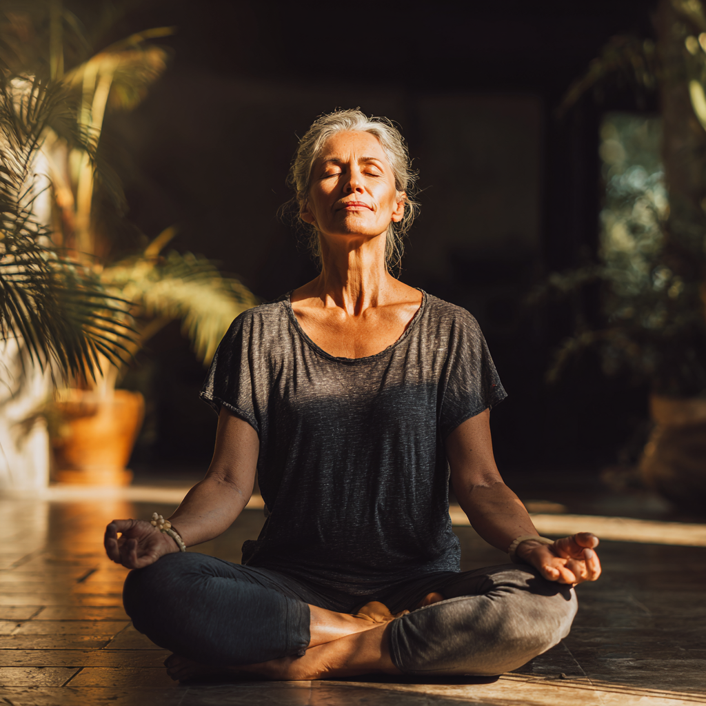 middle-aged woman practicing gentle yoga meditation in peaceful setting