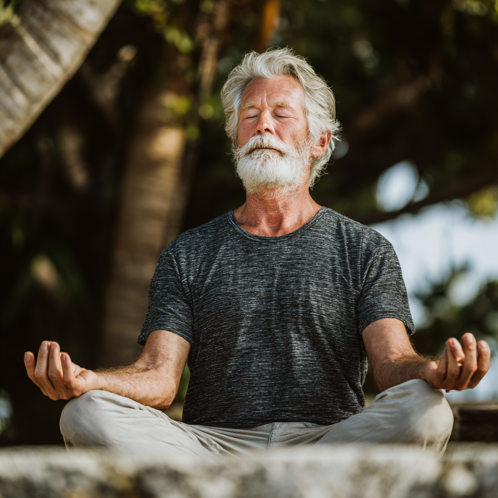 senior man practicing mindful yoga breathing in natural outdoor setting